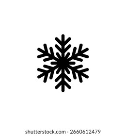 El gráfico muestra un único símbolo de copo de nieve aislado representado en negro sobre un fondo transparente. Ilustración de icono simple para el invierno.