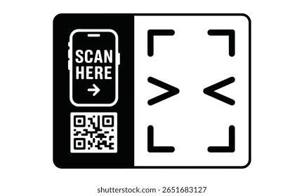 O gráfico mostra uma interface de smartphone com um código QR e um ícone de digitalização, projetado em preto e branco minimalista, para orientar os usuários no processo de digitalização.
