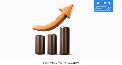 A graphic shows three brown bars representing data metrics, with an upward arrow indicating growth. The design is minimalistic and emphasizes progress in a visual format.