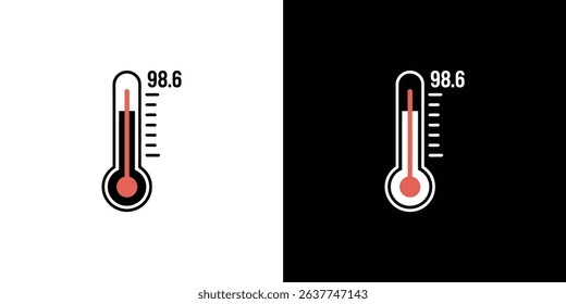Graphic shows two flat vector medical thermometer icons, one on white, one on black, both reading 98.6 degrees Fahrenheit. Illustrates normal body temperature with a red fluid indicator.