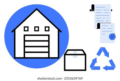 A graphic shows a warehouse, document with checklist, cardboard box, and recycling symbol. Ideal for warehouse management, shipping, recycling, document handling, and logistics operations. Flat