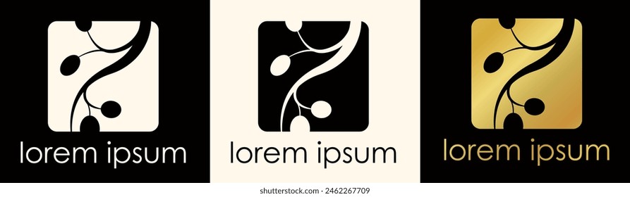 Graphic sign design: small branch of rowan berries in a square. Set of floral element options for logo, brand sign, symbol, icon. Elegant botanical decor in a vintage motif. Vector illustration.