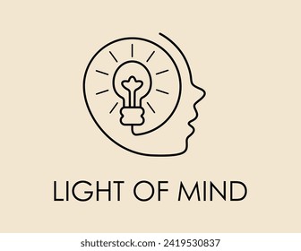 Graphic sign of a human head with a light bulb. Linear symbol of human mind, creativity, idea. Isolated design element for logo, identity, icon, other. Vector illustration, minimal line art.