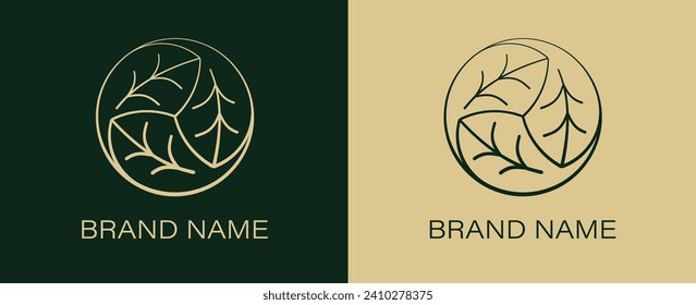 A graphic sign made of woven leaves in a circle. Linear symbol made of leaves in an ecological, natural motif. Design element for logo, emblem, identity, other. Simple floral sign. Vector illustration