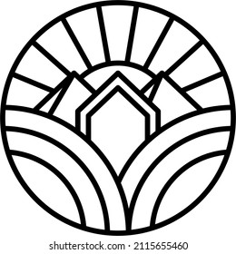 A graphic sign in the shape of a circle showing a mountain landscape. modern house, meadow, mountains and sun