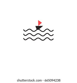 Graphic sign of a wave and a boat on a white background
