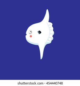 Graphic sign of white fish moon on a blue background

