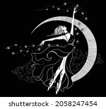 Graphic silhouette of a art deco woman. Moon and stars queen. Flat style illustration. Fashion luxury. Feminine concept