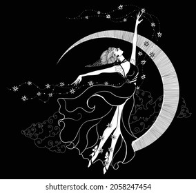 Graphic Silhouette Of A Art Deco Woman. Moon And Stars Queen. Flat Style Illustration. Fashion Luxury. Feminine Concept