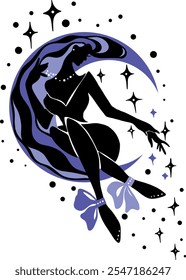 Silhueta gráfica de uma mulher art nouveau. Lua e estrelas rainha. Ilustração em estilo plano. Moda de luxo