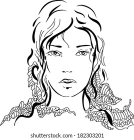Graphic silhouette beautiful girl and swirls