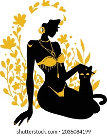 Graphic silhouette of beautiful young woman. Moon and cat princess. Flat style illustration. Fashion luxury. Feminine concept