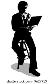Graphic Silhouette of a Business Man working on a laptop computer