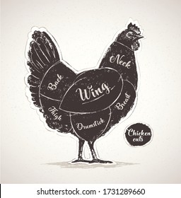 Graphic silhouette of a chicken with the line of cutting for the butcher.