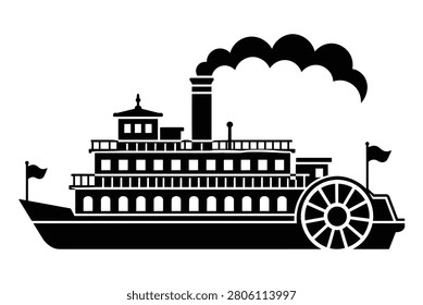 Graphic silhouette of a classic paddle wheel steamboat icon with steamboat paddleboat riverboat steamship transportation nautical silhouette transport steampunk navigation