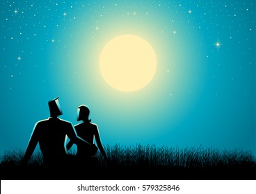 Graphic silhouette of couple sitting on grass watching the full moon