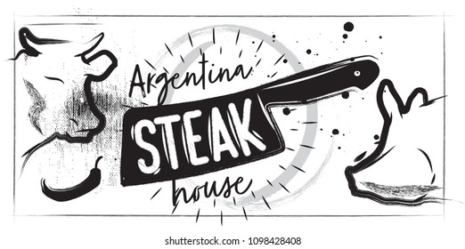 Graphic silhouette of a cow and a pig on a white background. Poster of steak restaurant