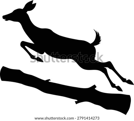 Graphic silhouette of a deer jumping over a fallen log with silhouette wildlife isolated background outdoors movement creature illustration wilderness environmental