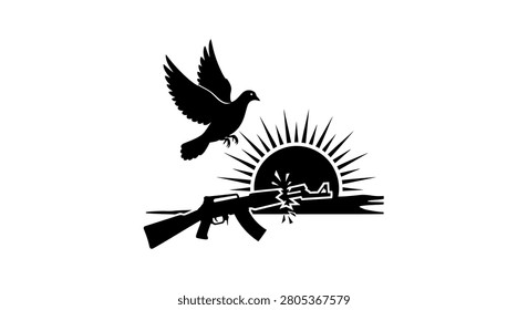 Graphic silhouette design featuring a peaceful dove soaring above a shattered weapon against a stylized sunrise, representing peace over war