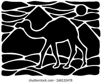 Graphic silhouette of a dromedary with pyramids on the background