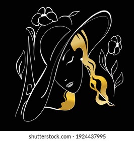 Graphic silhouette of a fashion woman with big hat.  Elegant luxury icon. Feminine concept