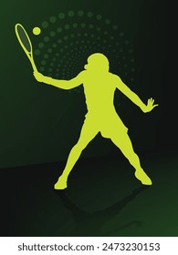 Grafische Silhouette Spiel Moment Hintergrund Illustration eines Tennisspielers, der bereit ist, den Ball zurückzugeben. Grüne Farbe Social Media Sport Vektorillustration Vorlage der Action-Tennisspielerin