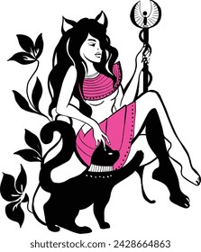 Silueta gráfica de la diosa Bastet. Ilustración de mitología. Estilo plano . Concepto femenino