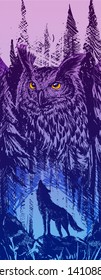 Graphic silhouette howling wolf standing on stone with big owl in forest. Line art style. Vector nature landscape background in blue and violet tones.