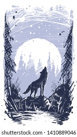 Graphic silhouette howling wolf standing on stone in forest. On full moon with snow background. Line art style. Nature landscape.