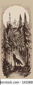 Graphic silhouette howling wolf standing on stone with big owl in forest. Line art style. Vector nature landscape background.
