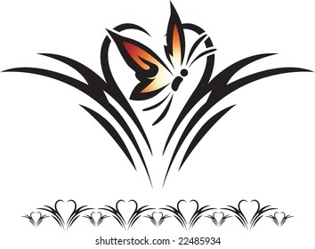 Graphic silhouette illustration of a butterfly against a heart background.