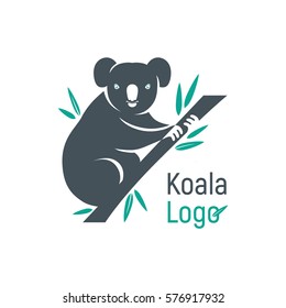 Graphic silhouette of a koala bear sitting on a branch with leaves of eucalyptus. Isolated vector illustration for logo and design.