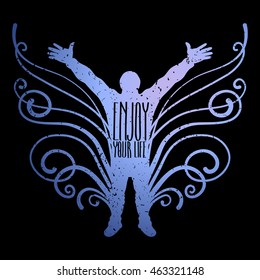 Graphic silhouette of the man with raised hands and fantasy butterfly wings. Conceptual art in blue and purple colors