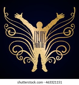 Graphic silhouette of the man with raised hands and fantasy butterfly wings. Conceptual art in golden colors