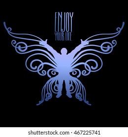 Graphic silhouette of the man with raised hands and fantasy butterfly wings. Conceptual art in blue and purple colors