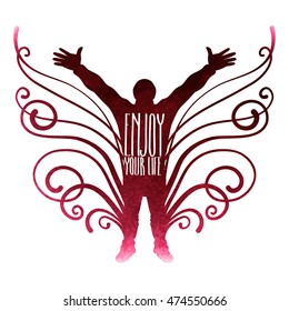 Graphic silhouette of the man with raised hands and fantasy butterfly wings. Conceptual art with red watercolor texture