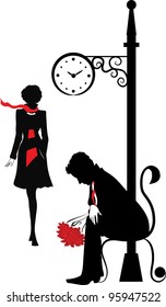 Graphic silhouette of the man. Waiting the woman under clock. Stefan series