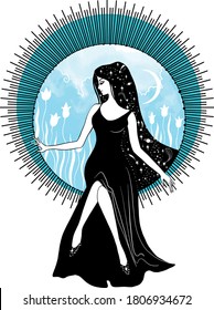 Graphic silhouette Moon   stars queen  Art deco style woman    Flat illustration  Fashion luxury  Feminine concept