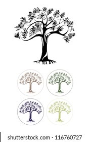 Graphic silhouette of olive tree isolated on white background