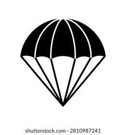 Graphic silhouette of an opened parachute deployed for descent. Useful for adventure travel or safety concepts.