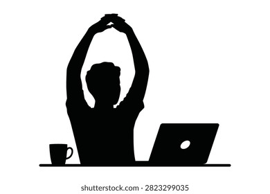Graphic silhouette of person sitting at computer desk stretching arms overhead with coffee cup nearby representing office break time relaxation workplace wellness comfort and healthy habits.