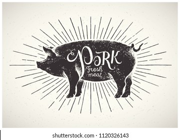 Graphic silhouette pig, pork label drawn by hand.