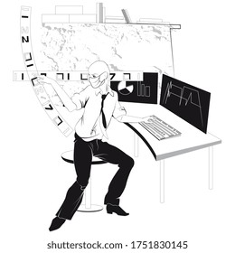 Silueta gráfica de un programador con una máscara protectora en una situación de fondo blanco