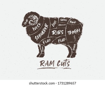 Graphic silhouette of a Ram with the line of cutting for the butcher.