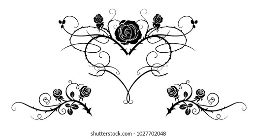 Graphic silhouette of roses for holiday decorations, wedding, anniversary, party, birthday. For invitation, ticket, leaflet, banner, poster and tattoo. Fairy floral flourish design elements