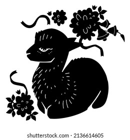 Graphic silhouette of a sleeping sheep in the bushes