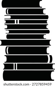 Uma silhueta gráfica de uma pilha de livros pretos com páginas brancas aparecendo nas bordas. Os livros estão dispostos horizontal e verticalmente.