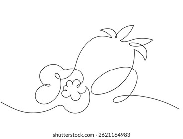 Graphic silhouette of strawberry with flower and leaves in one line