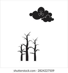 Graphic silhouette of three leafless trees under a cloud with abstract