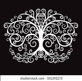 Graphic silhouette of a white  tree with roots in curls on a black background